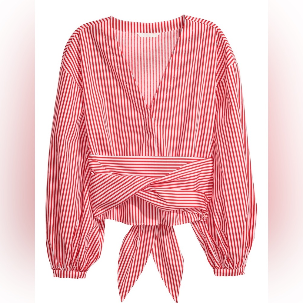 V Neck Red & White Striped Women's Cotton Blouse